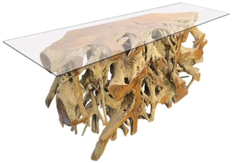 Large Teak Root Console Table - Brown, Glass