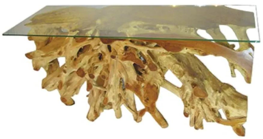 Large Teak Root Console Table - Brown, Glass