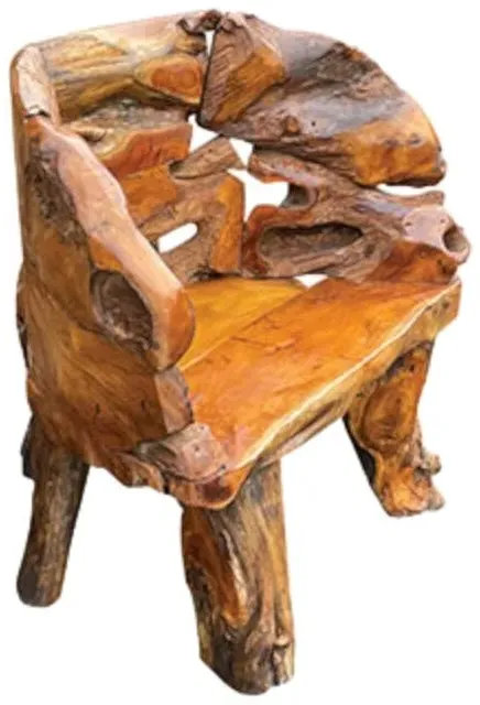 Teak Root Branch Small Bench with Back - Brown