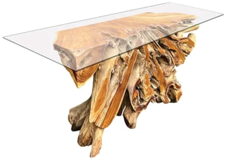 Teak Root Console Table - Brown, Glass