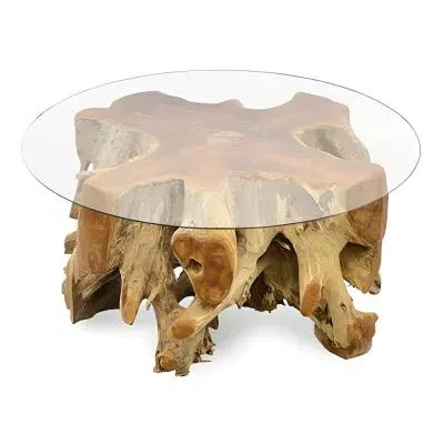 Teak Root Medium Round Spider Coffee Table - Glass
