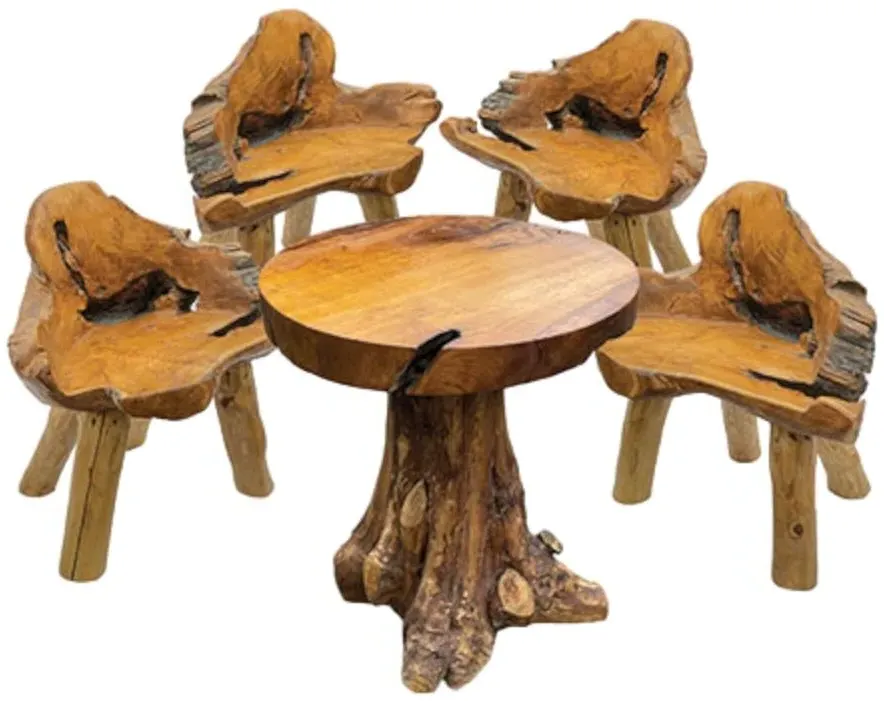 Teak Root Round Dining Table and 2 Chairs - Brown