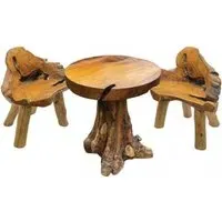 Teak Root Round Dining Table and 2 Chairs - Brown