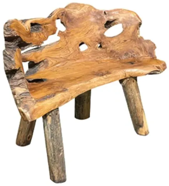 Teak Root Small Bench with Back - Brown