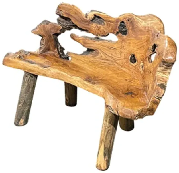 Teak Root Small Bench with Back - Brown