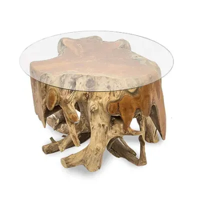 Teak Root Small Round Spider Coffee Table - Glass image