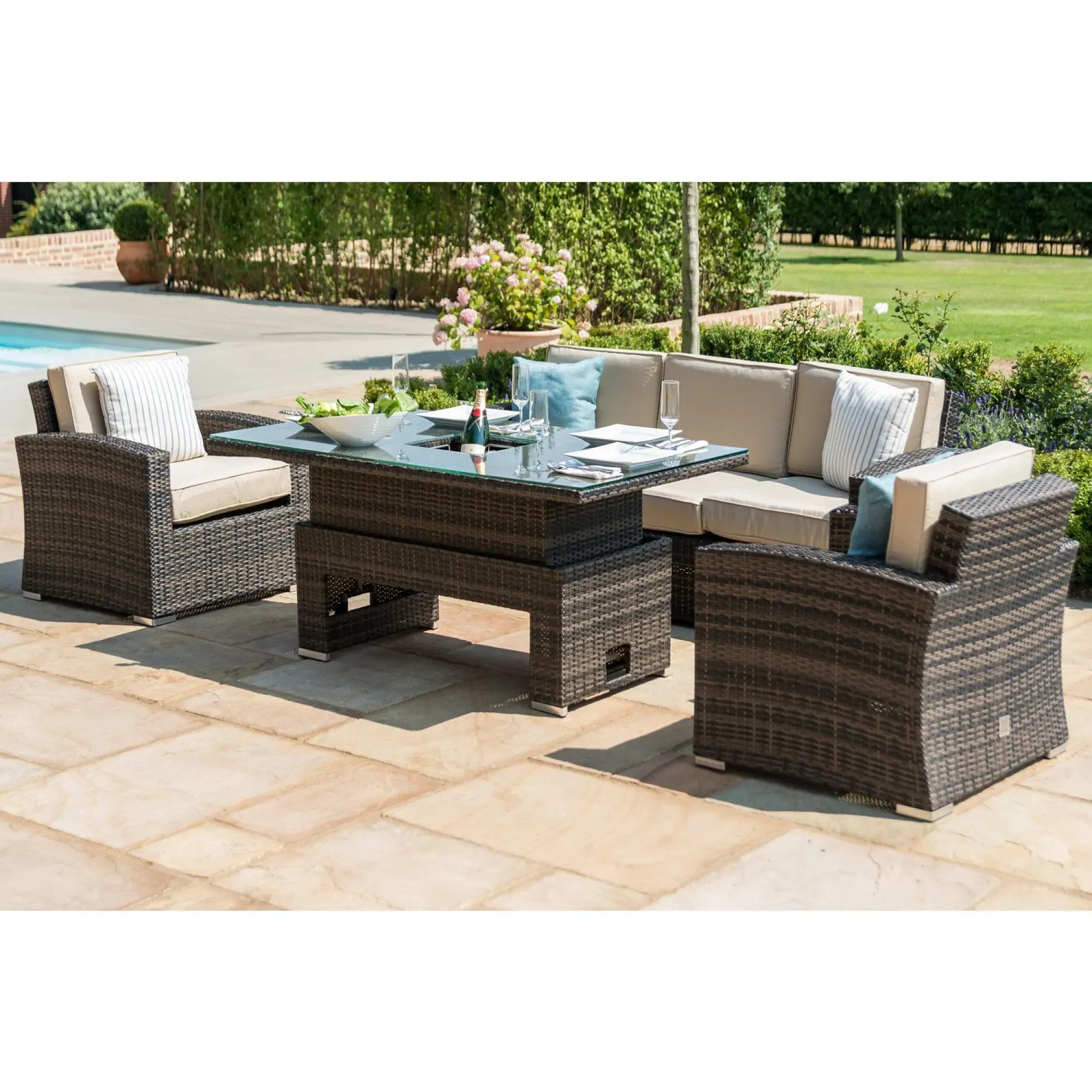 6 Seater Rising Table with Ice Bucket - Brown, Rattan