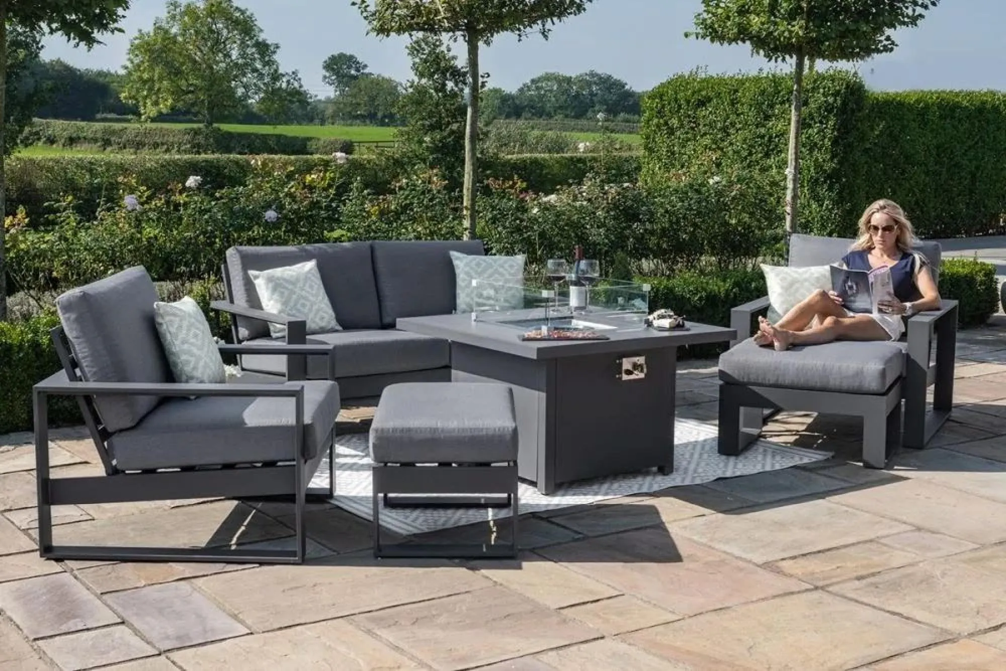 Amalfi 2-Seater Garden Sofa Set with Fire Pit Table - Grey