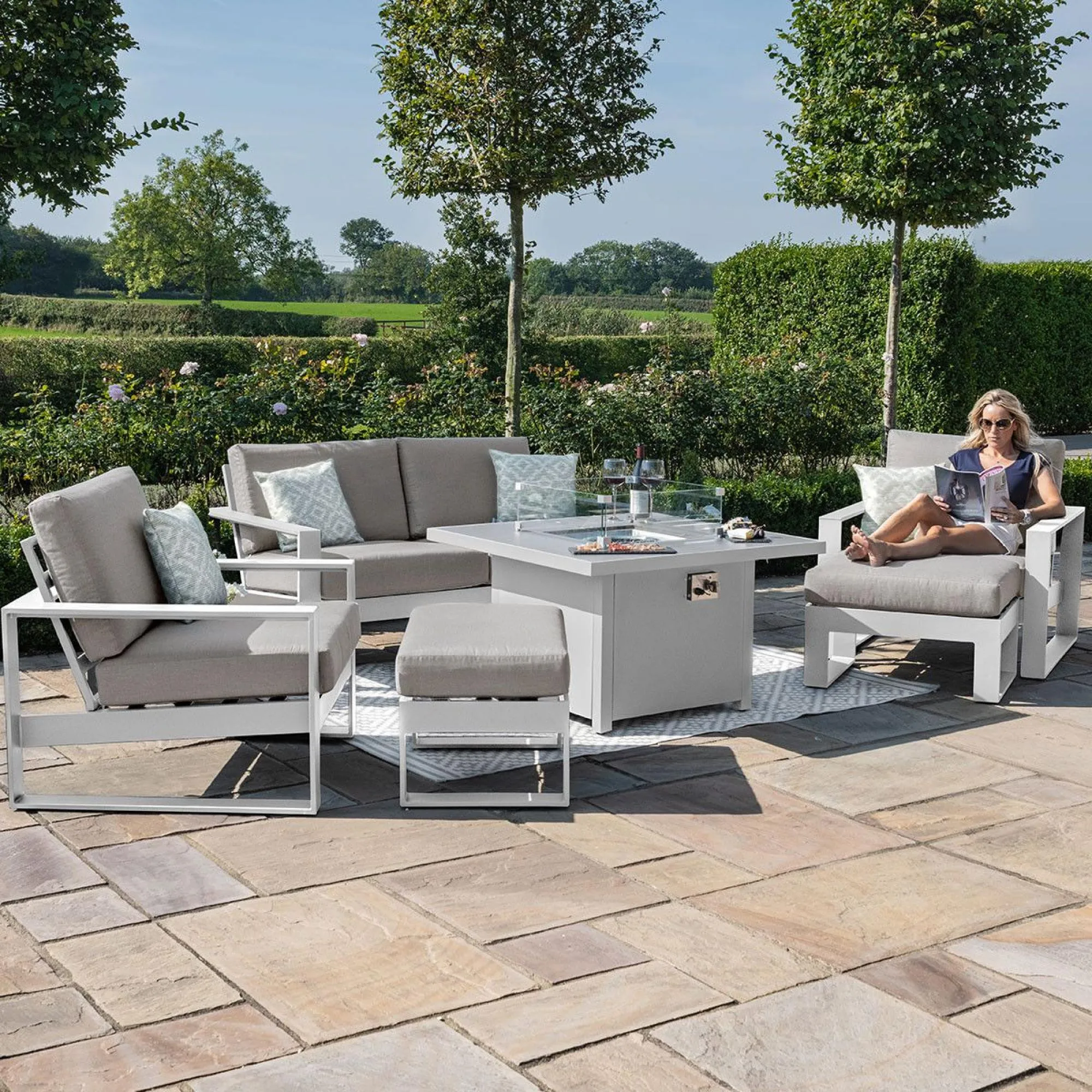 Amalfi 2-Seater Garden Sofa Set with Fire Pit Table - White