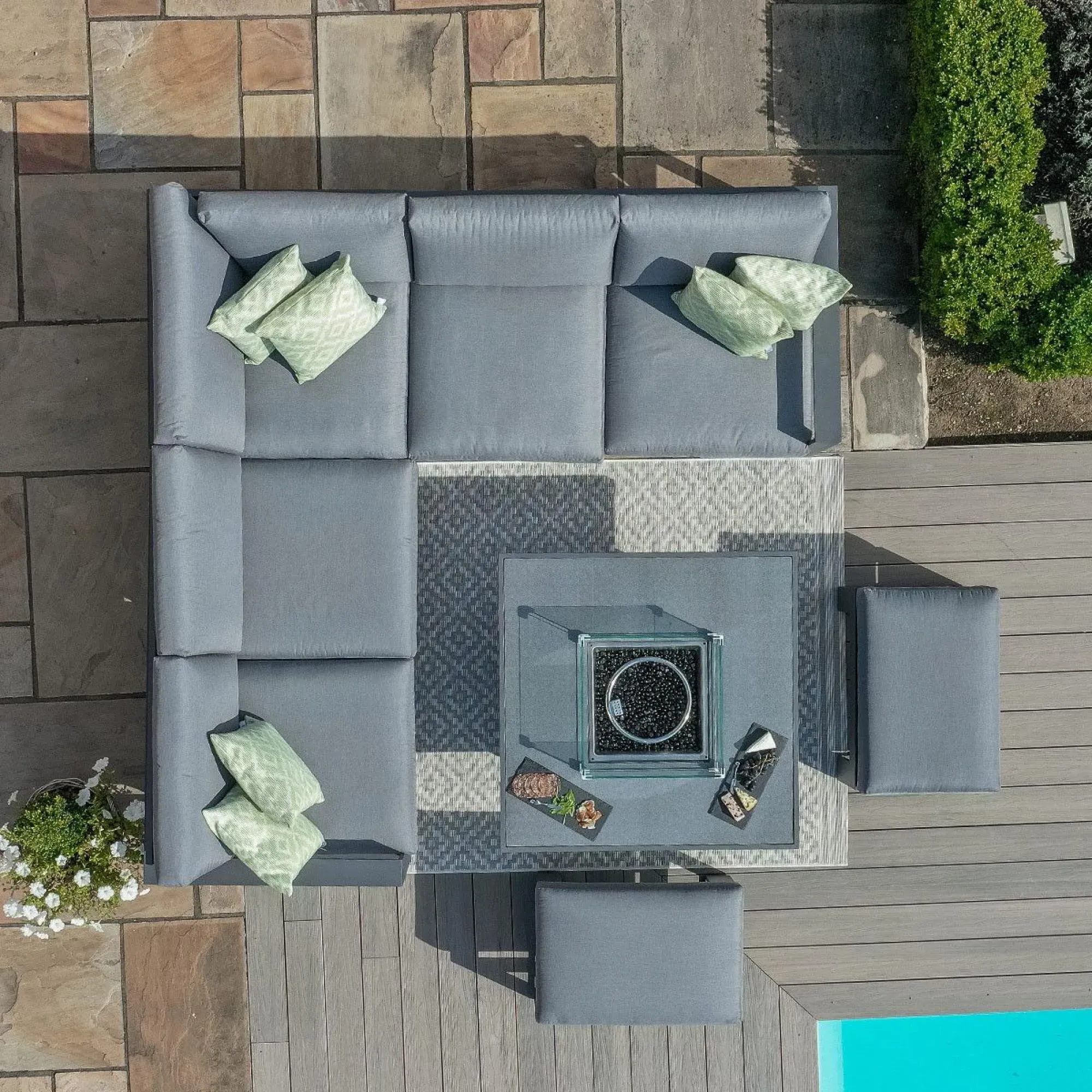 Amalfi Square Corner Garden Dining Set with Fire Pit - Grey