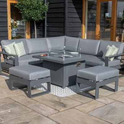Amalfi Square Corner Garden Dining Set with Fire Pit - Grey