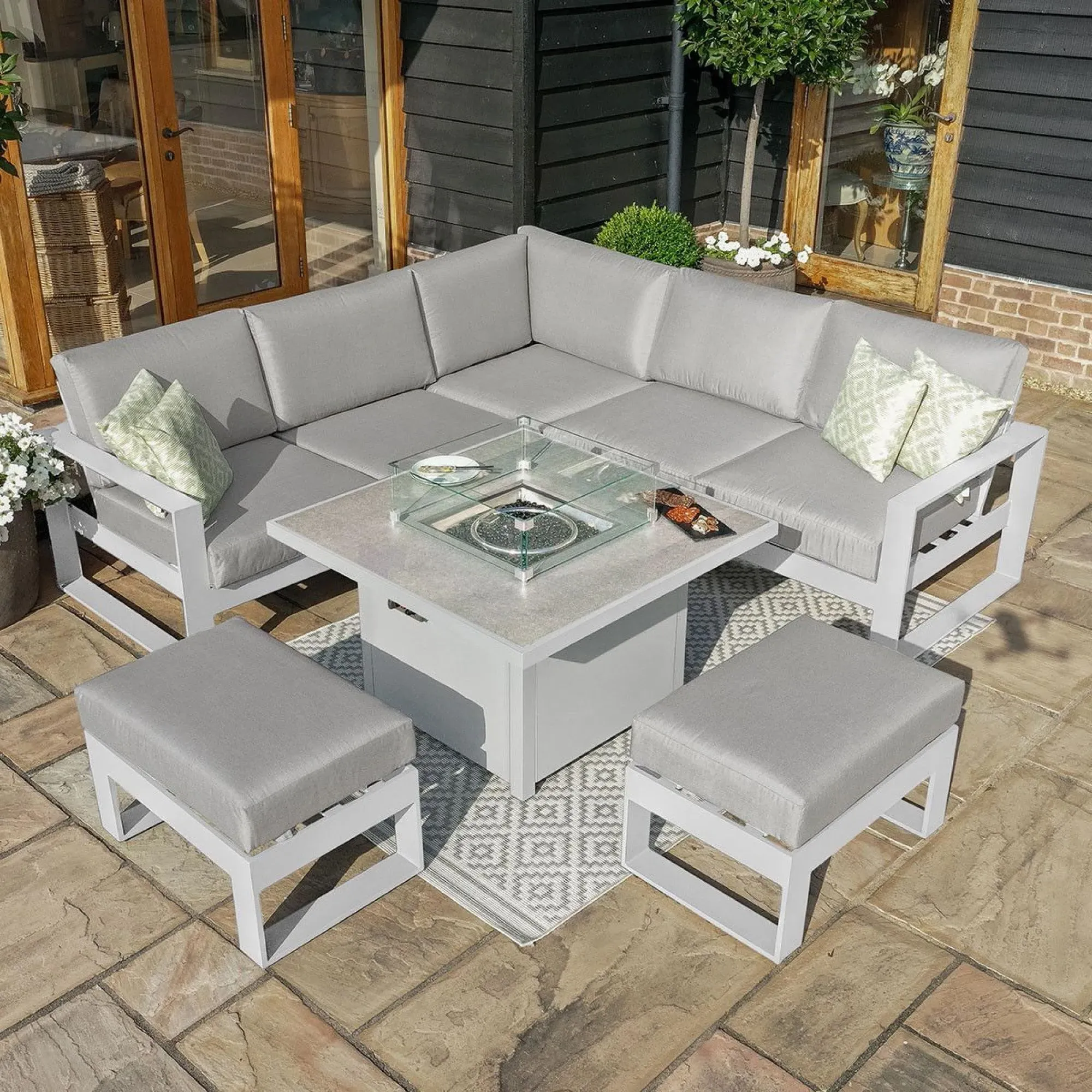 Amalfi Square Corner Garden Dining Set with Fire Pit - White