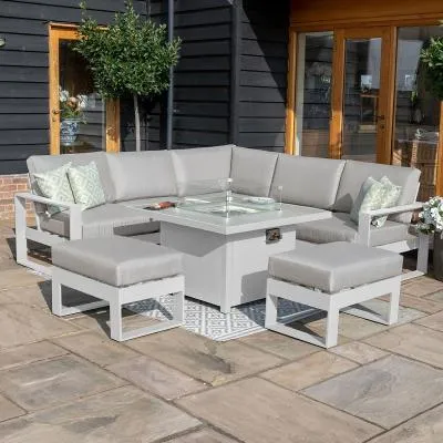 Amalfi Square Corner Garden Dining Set with Fire Pit - White