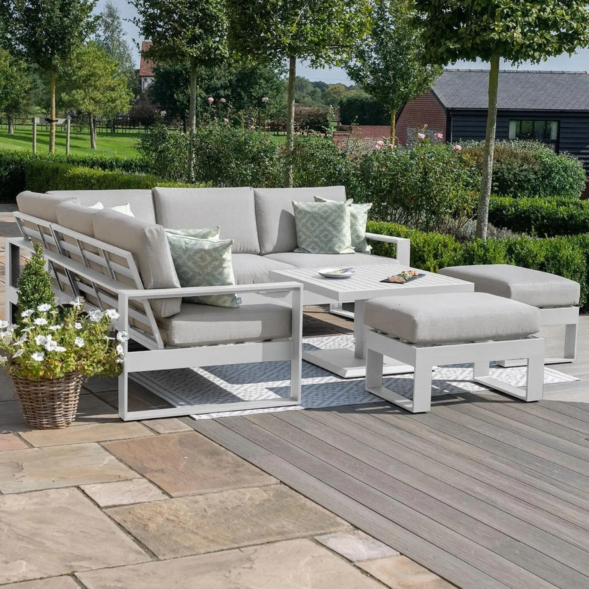 Amalfi Square Corner Garden Dining Set with Footstools - White