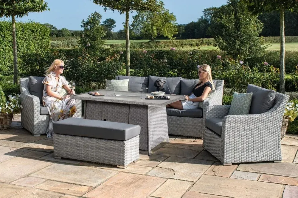 Ascot 3-Seater Sofa Fire Pit Dining Set - Grey, Rattan