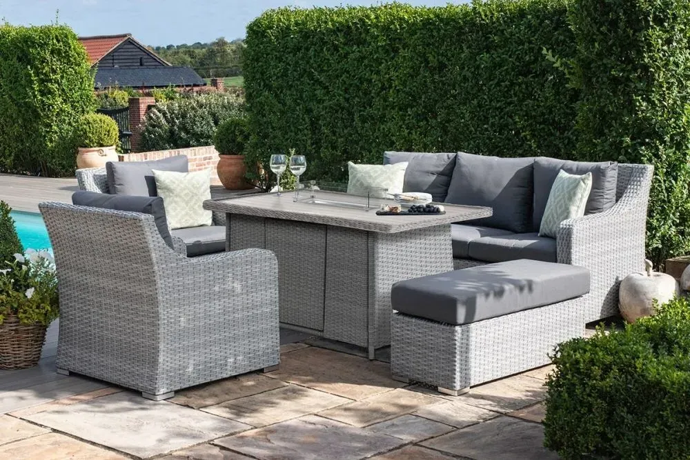 Ascot 3-Seater Sofa Fire Pit Dining Set - Grey, Rattan