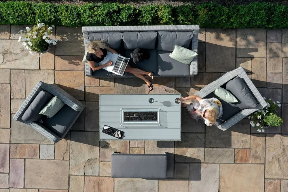 Ascot 3-Seater Sofa Fire Pit Dining Set - Grey, Rattan