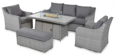 Ascot 3-Seater Sofa Fire Pit Dining Set - Grey, Rattan