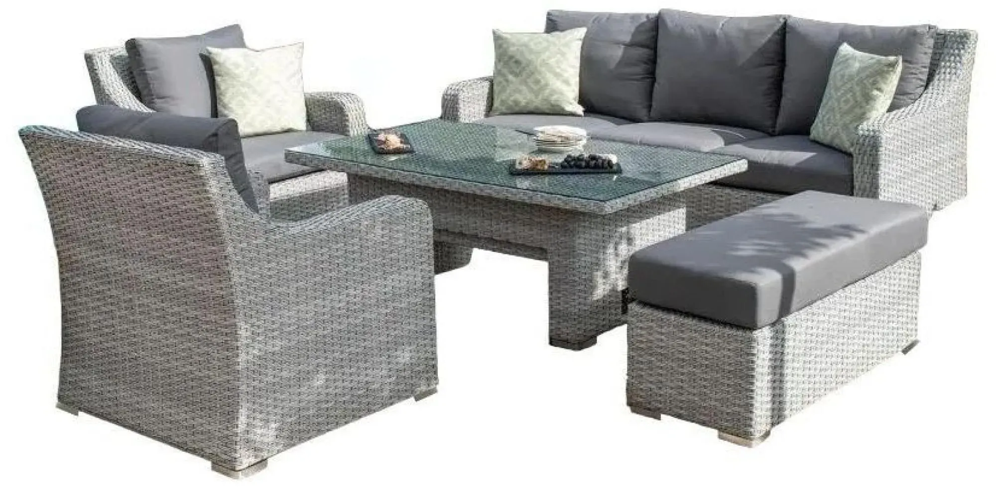 Ascot 3-Seater Sofa Rising Table Dining Set - Grey, Rattan