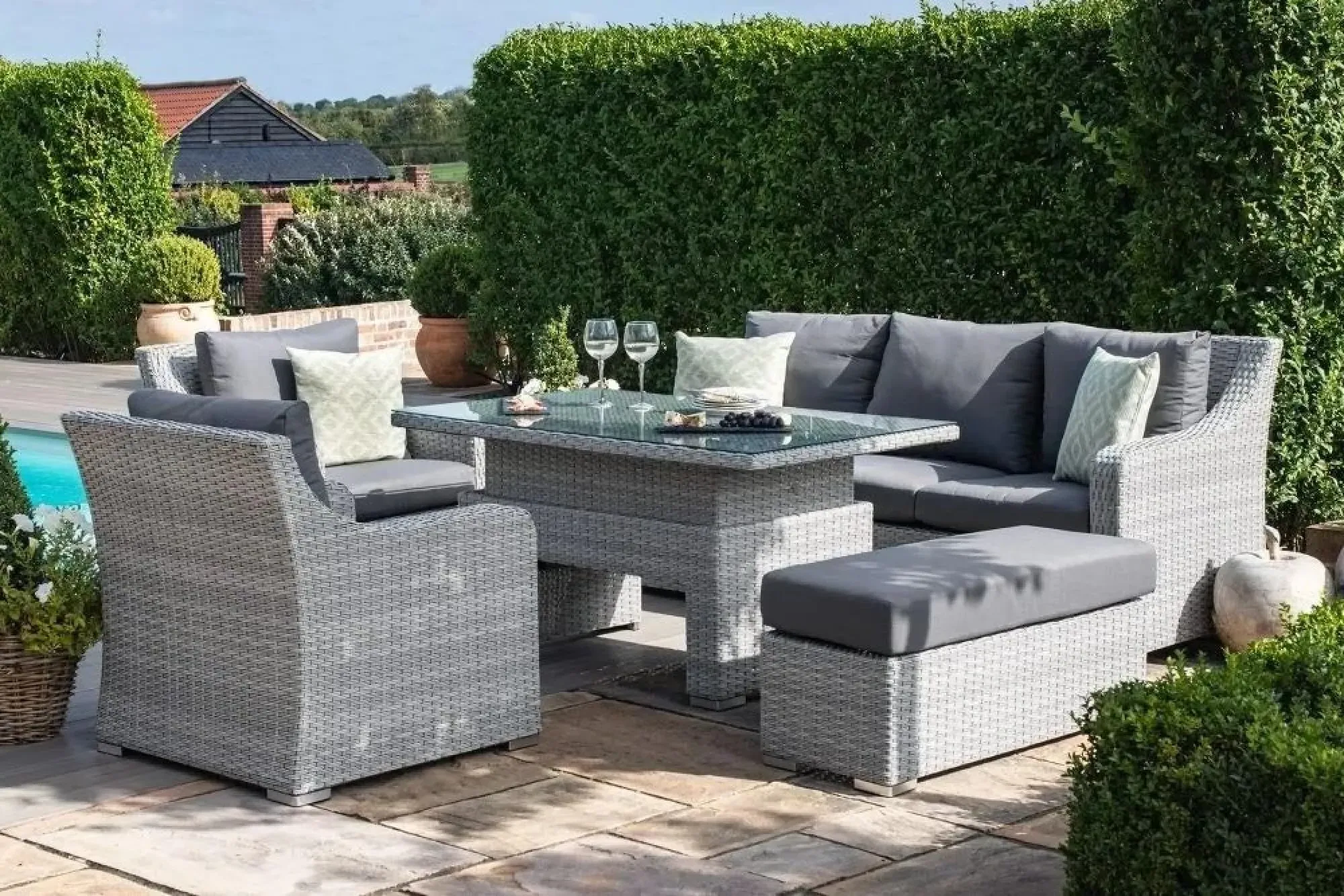 Ascot 3-Seater Sofa Rising Table Dining Set - Grey, Rattan
