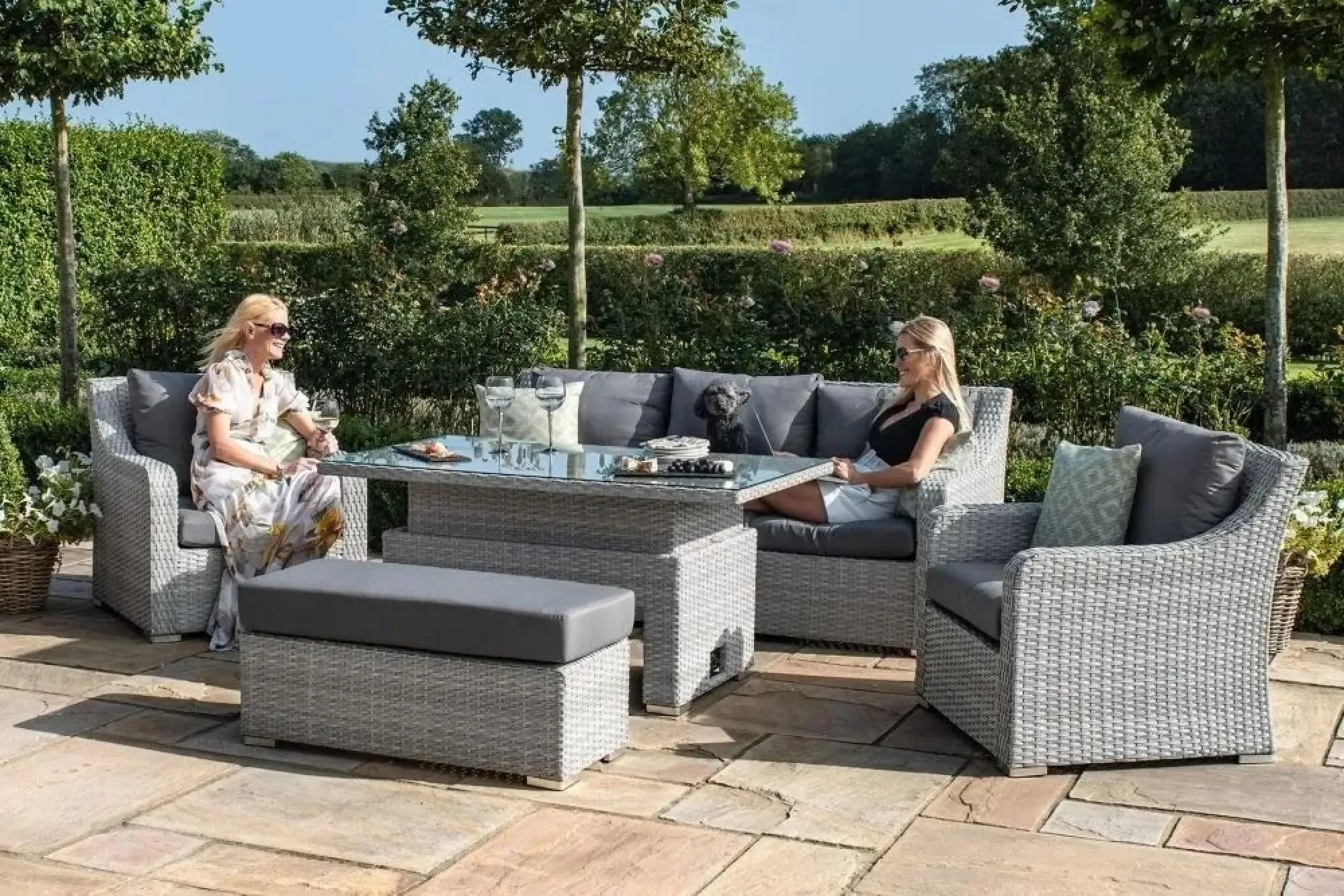 Ascot 3-Seater Sofa Rising Table Dining Set - Grey, Rattan