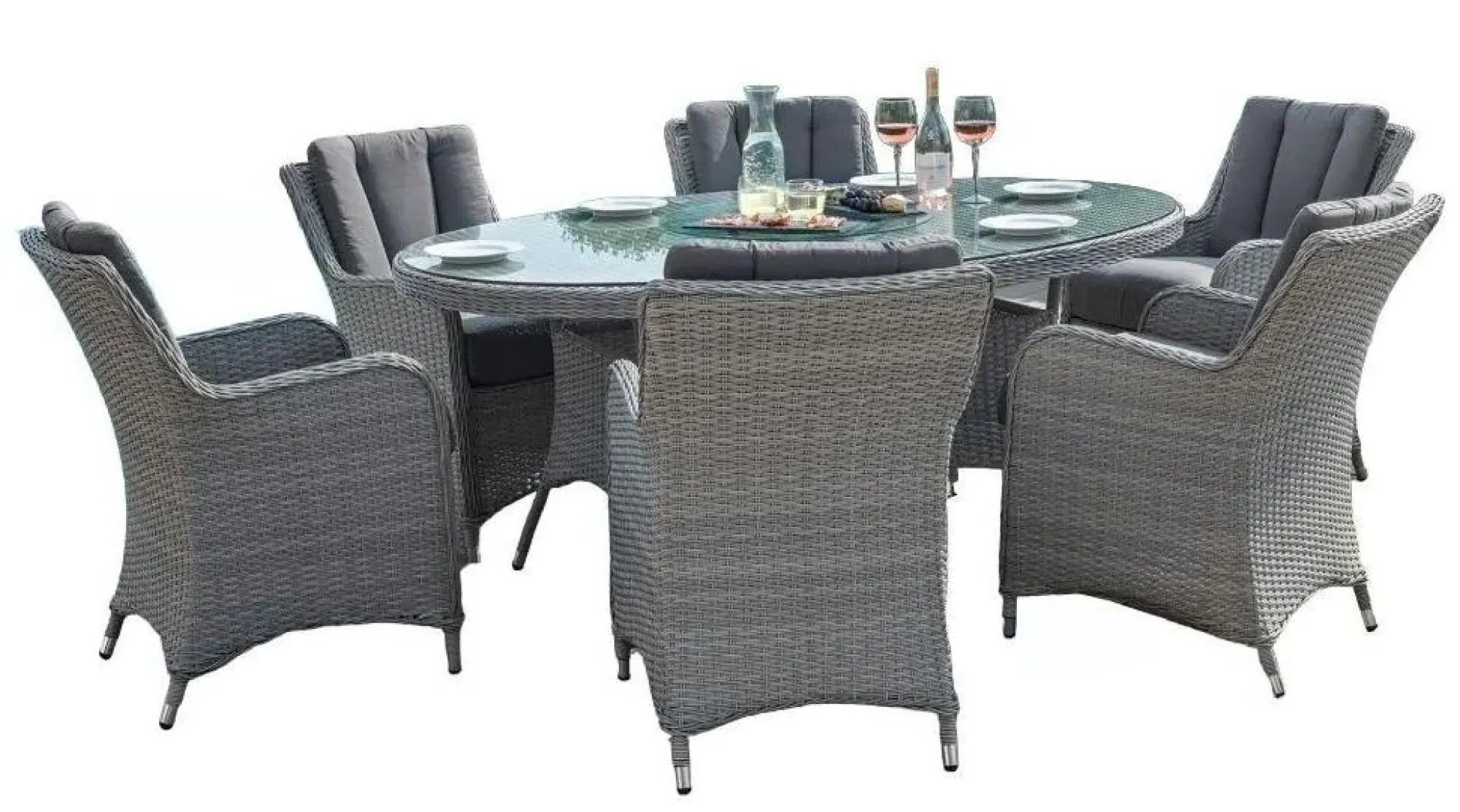 Ascot 6-Seater Oval Dining Set with Lazy Susan - Grey, Rattan