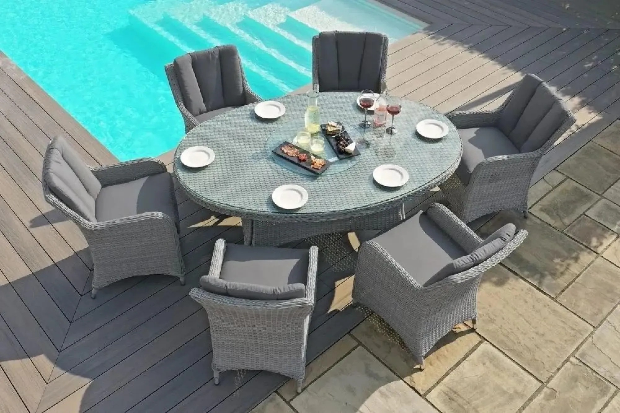 Ascot 6-Seater Oval Dining Set with Lazy Susan - Grey, Rattan