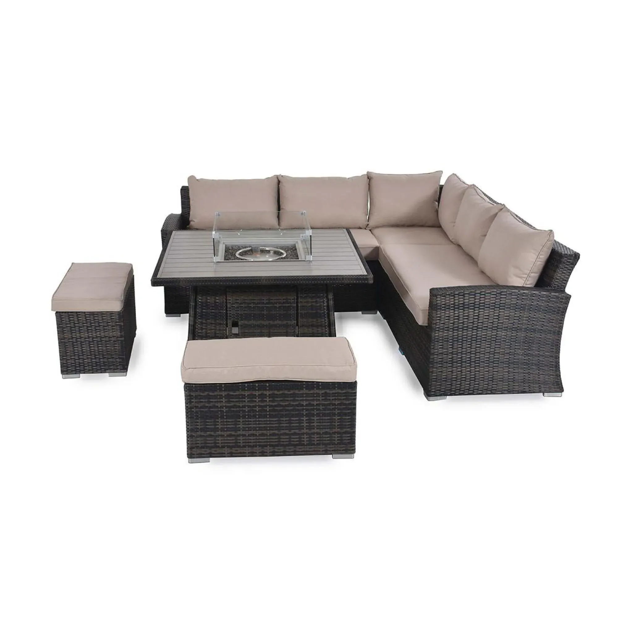 Kingston Square Corner Dining Set with Fire Pit Table - Brown