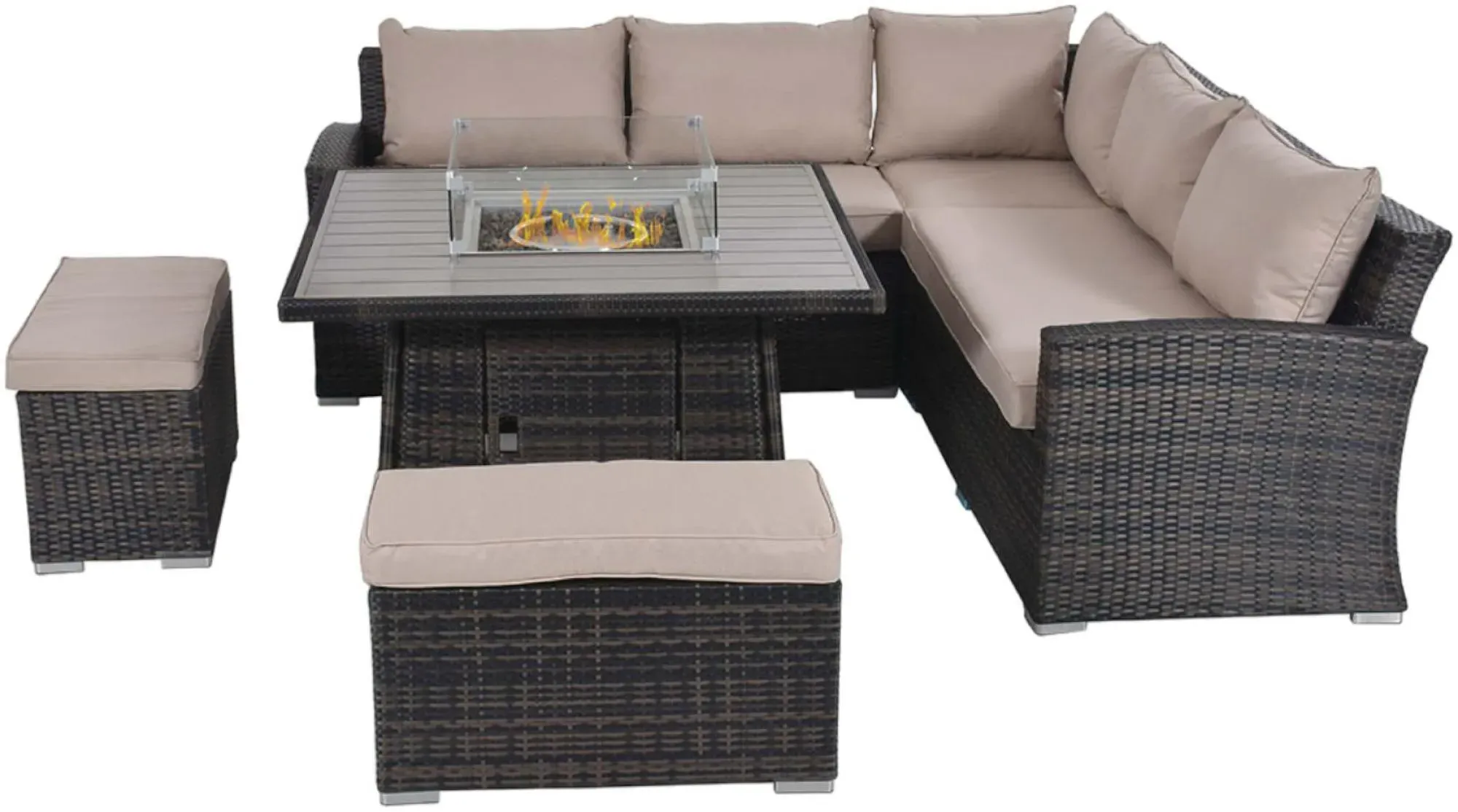 Kingston Square Corner Dining Set with Fire Pit Table - Brown