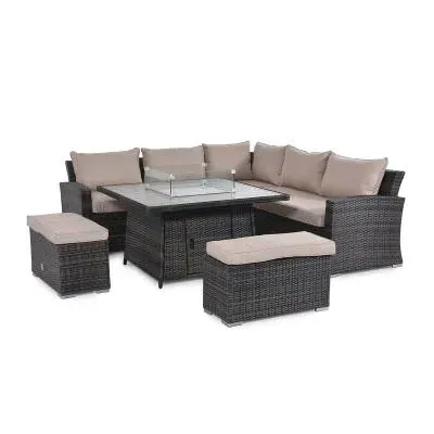 Kingston Square Corner Dining Set with Fire Pit Table - Brown