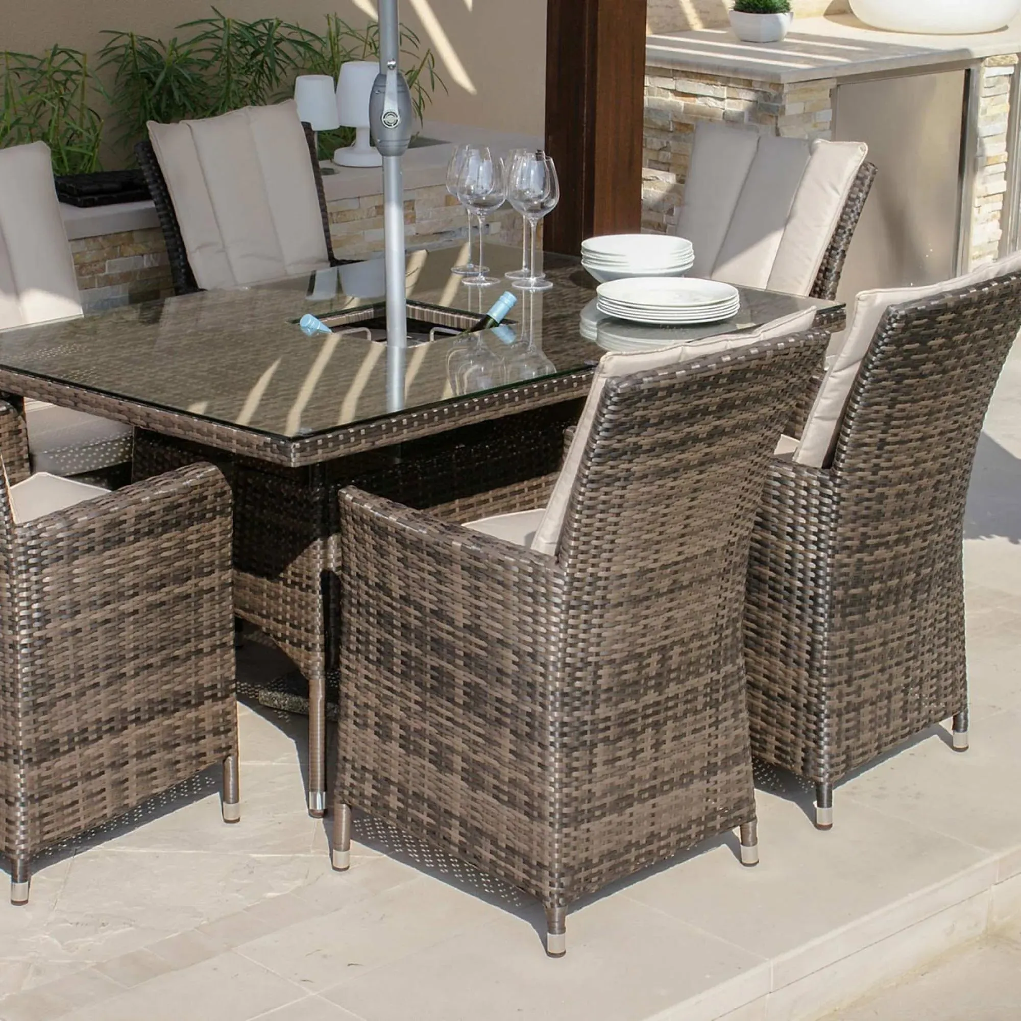 LA 6-Seater Dining Set with Ice Bucket - Brown, Rattan