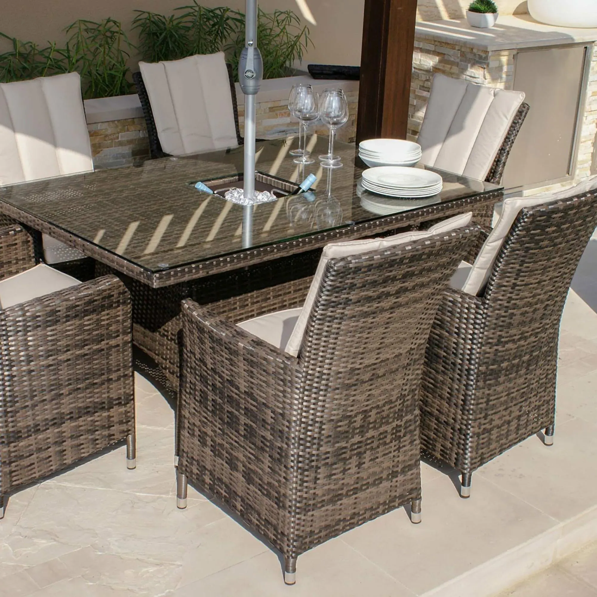 LA 6-Seater Dining Set with Ice Bucket - Brown, Rattan