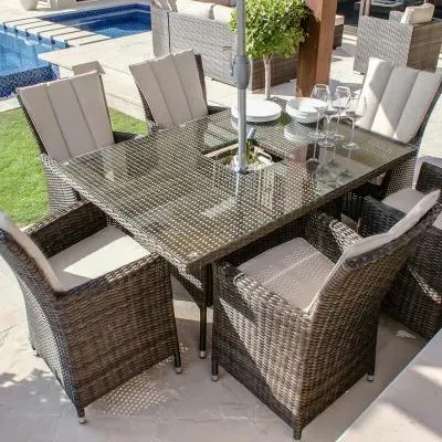 LA 6-Seater Dining Set with Ice Bucket - Brown, Rattan image