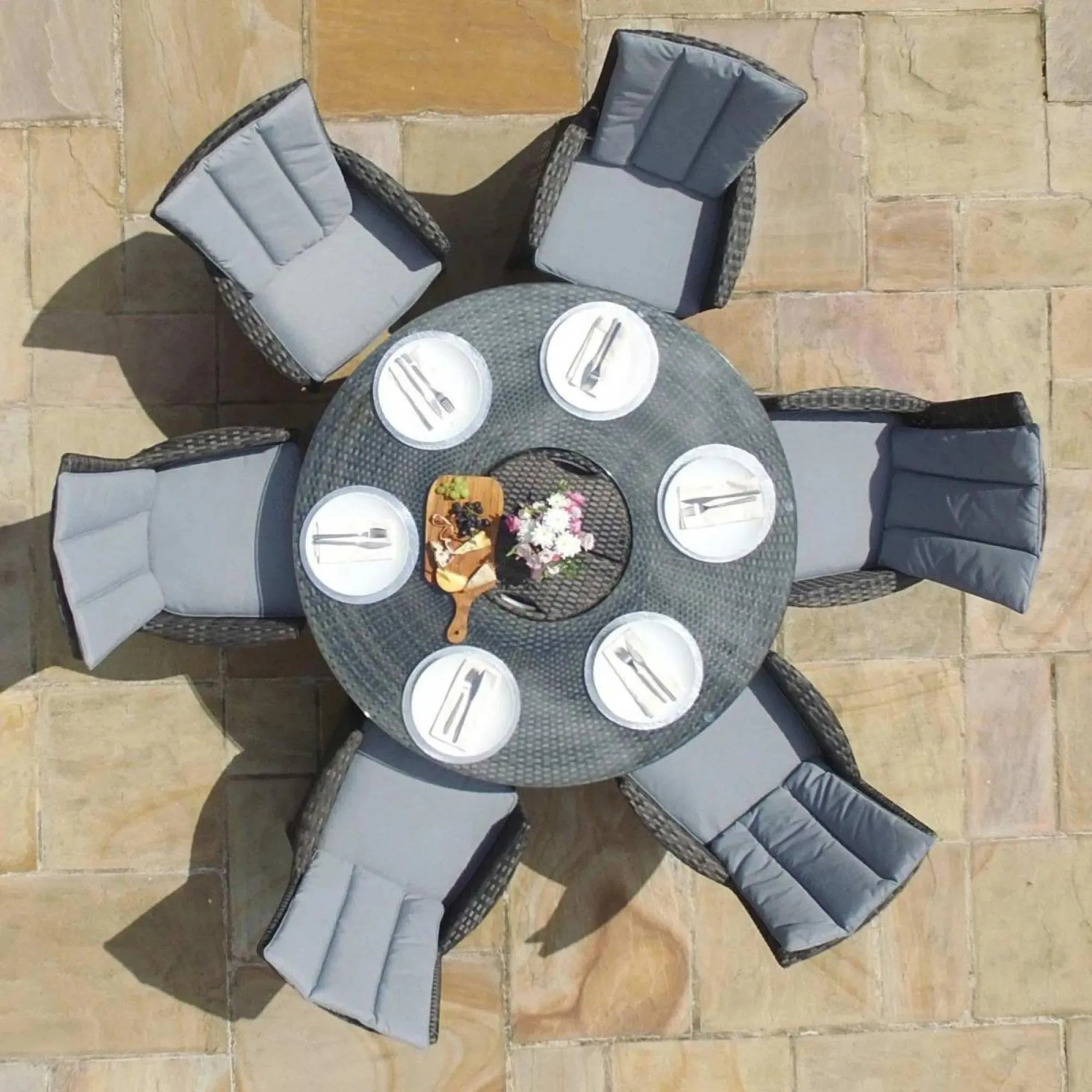 LA 6-Seater Round Dining Set with Ice Bucket - Grey, Rattan