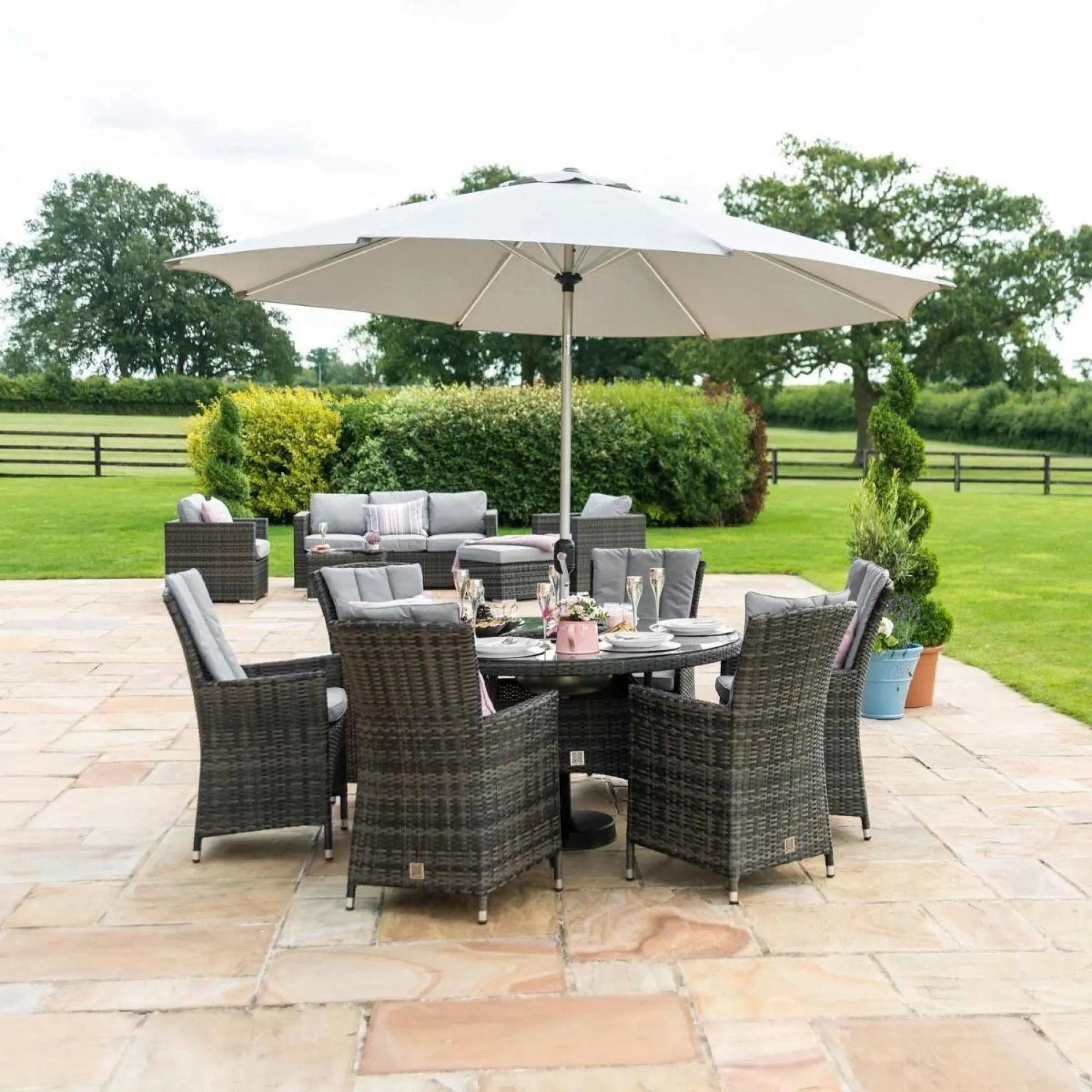 LA 6-Seater Round Dining Set with Ice Bucket - Grey, Rattan