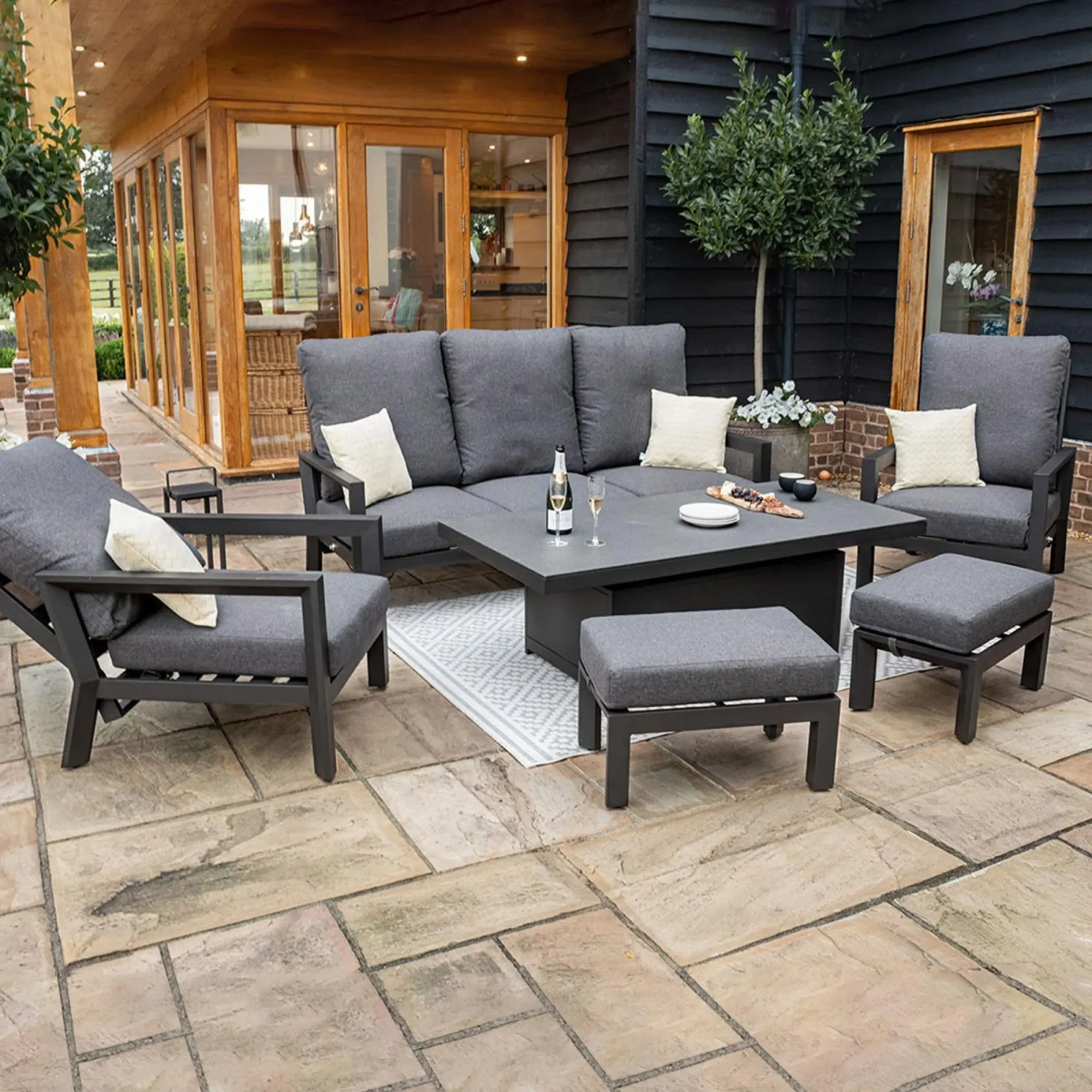Manhattan 3-Seater Reclining Garden Sofa Set with Rising Table - Grey