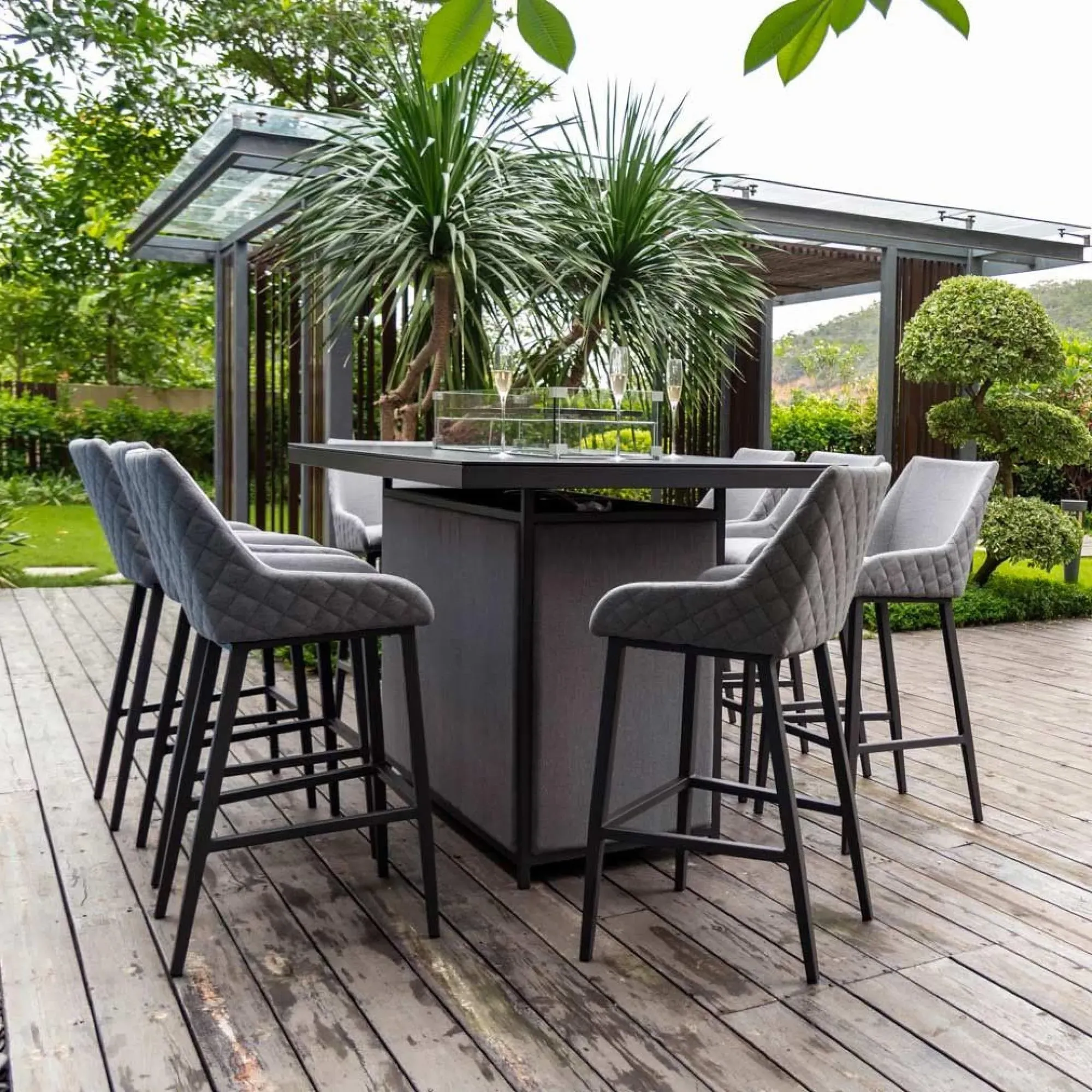 Maze Regal 8-Seater Fire Pit Garden Bar Set - Flanelle