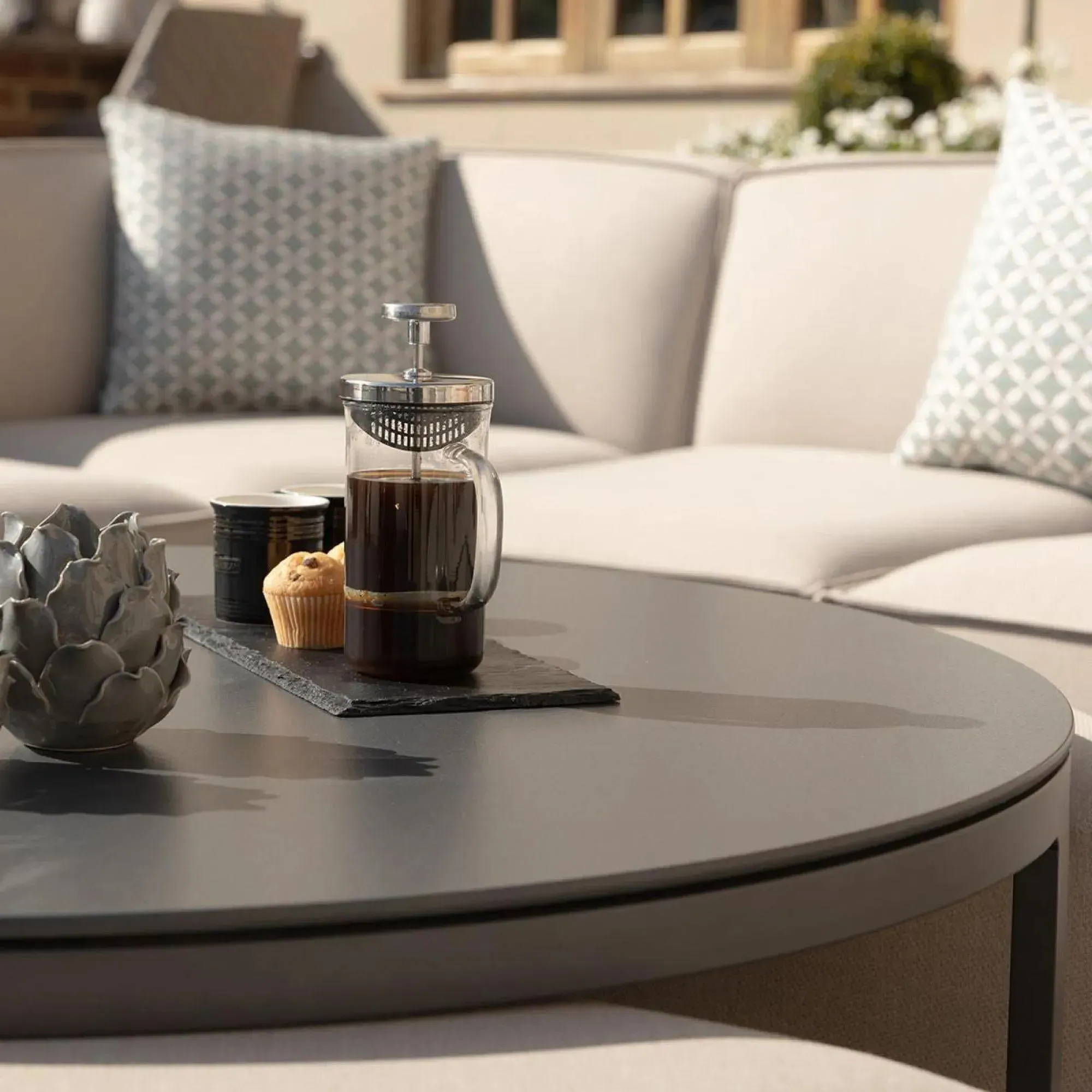 Maze Round Garden Coffee Table with Footstools - Oatmeal, Aluminium