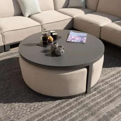 Maze Round Garden Coffee Table with Footstools - Oatmeal, Aluminium
