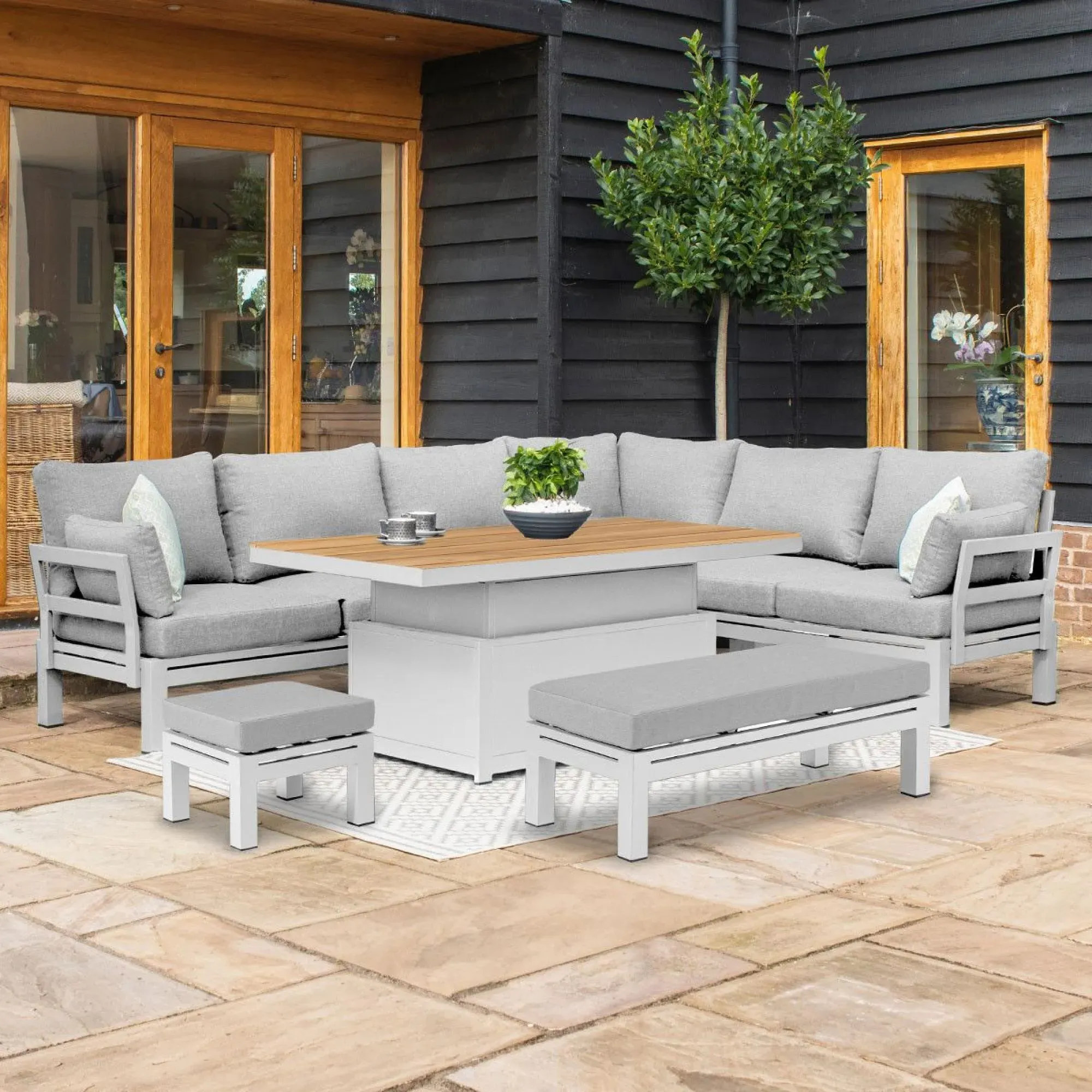 Oslo Corner Sofa Rising Garden Dining Set with Footstool - White