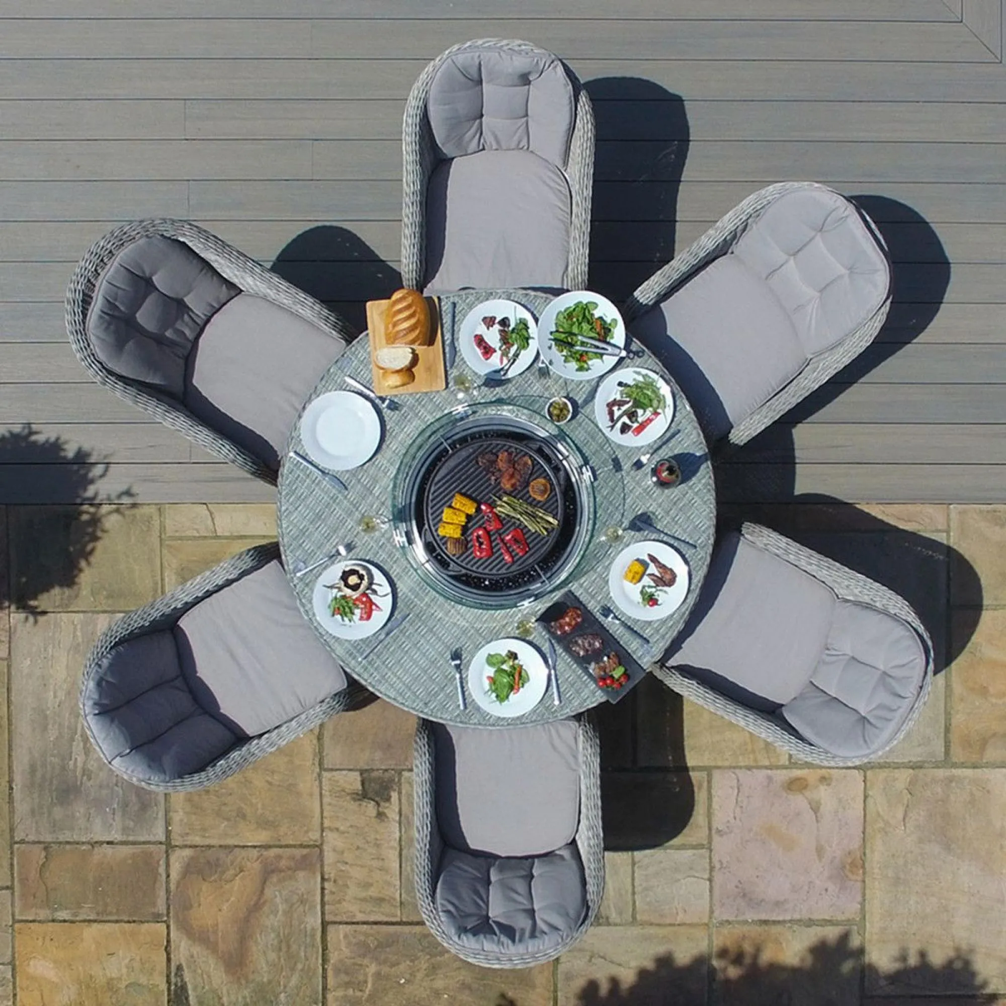 Oxford Heritage 6 Seater Round Fire Pit Dining Set - Grey, Rattan