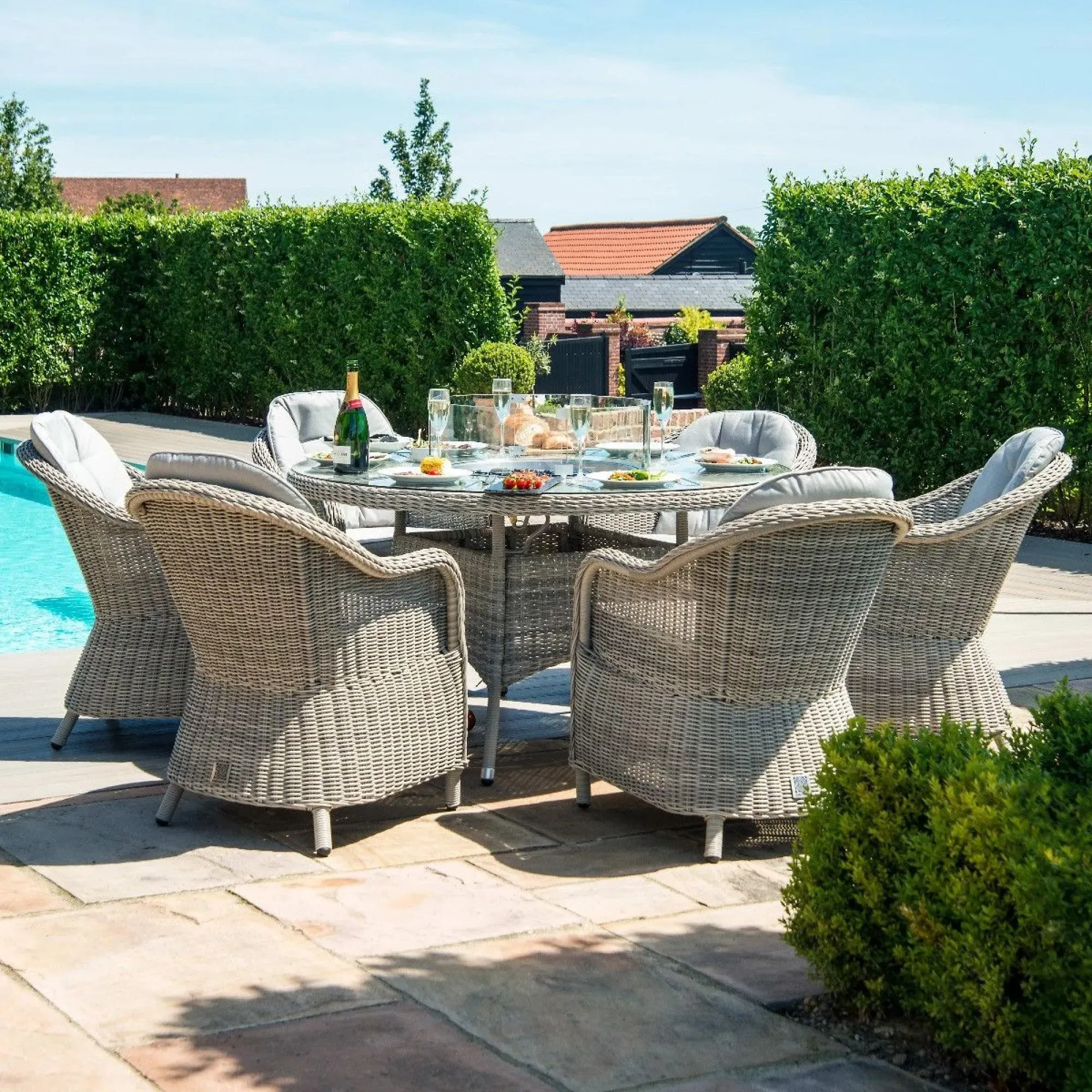 Oxford Heritage 6 Seater Round Fire Pit Dining Set - Grey, Rattan