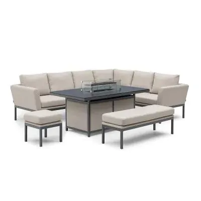 Pulse Corner Garden Dining Set with Fire Pit Table - Oatmeal