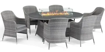 Santorini 6-Seater Oval Garden Dining Set with Fire Pit - Grey