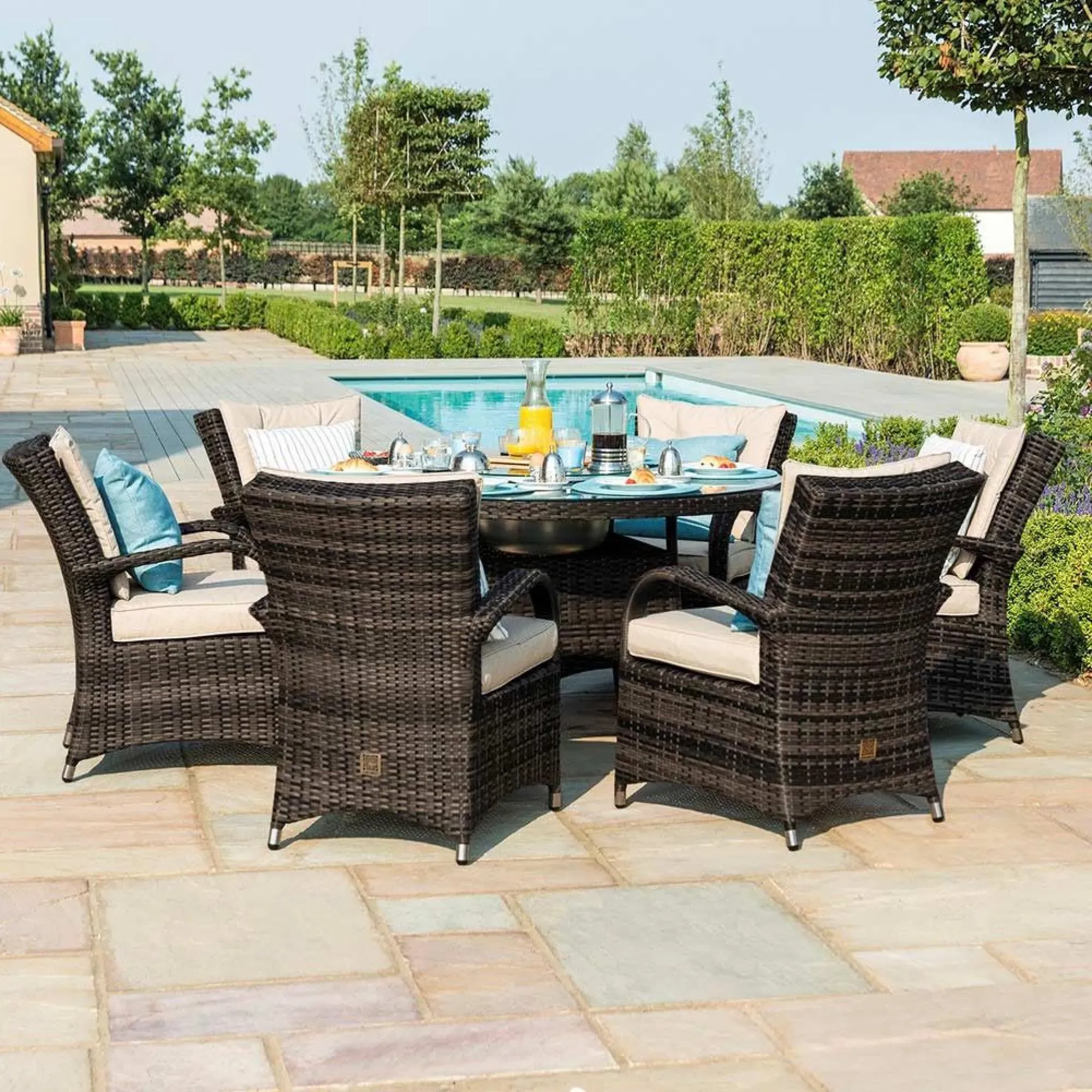 Texas 6-Seater Round Dining Set with Ice Bucket - Brown, Rattan