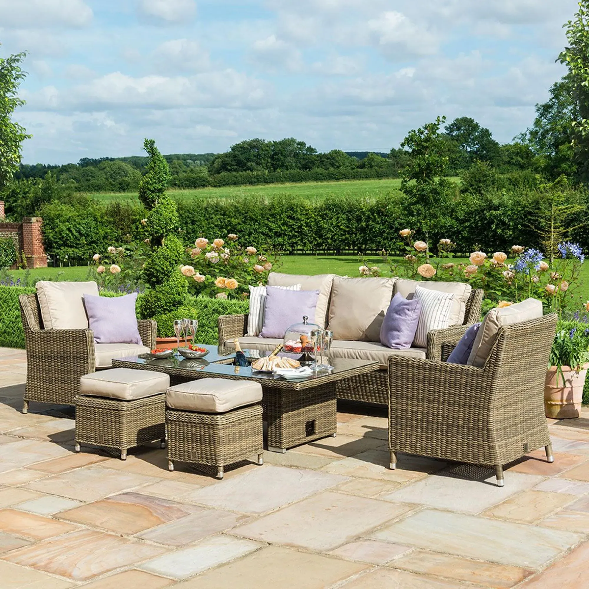 Winchester 6 Seater Rising Table with Ice Bucket Set - Natural, Rattan