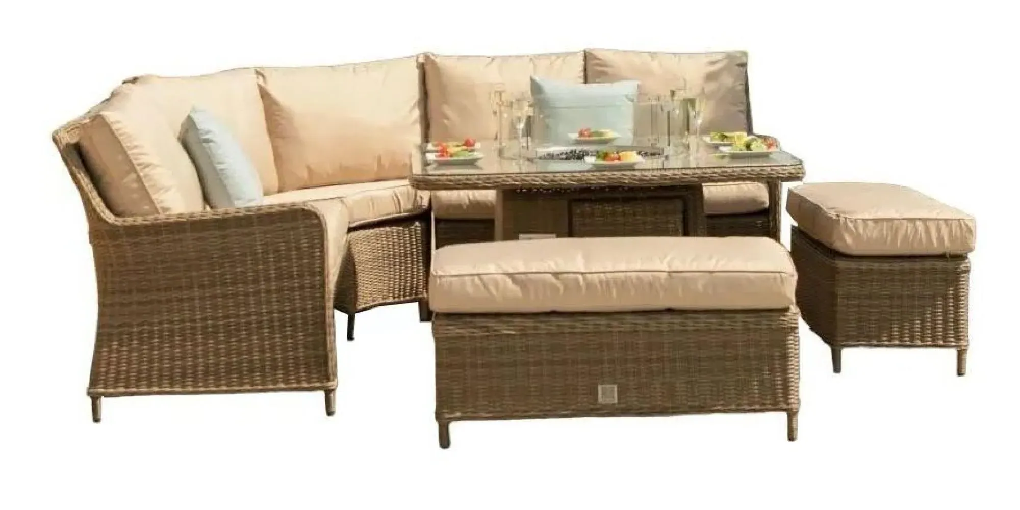 Winchester Corner Dining Sofa Set with Fire Pit Table - Natural, Rattan