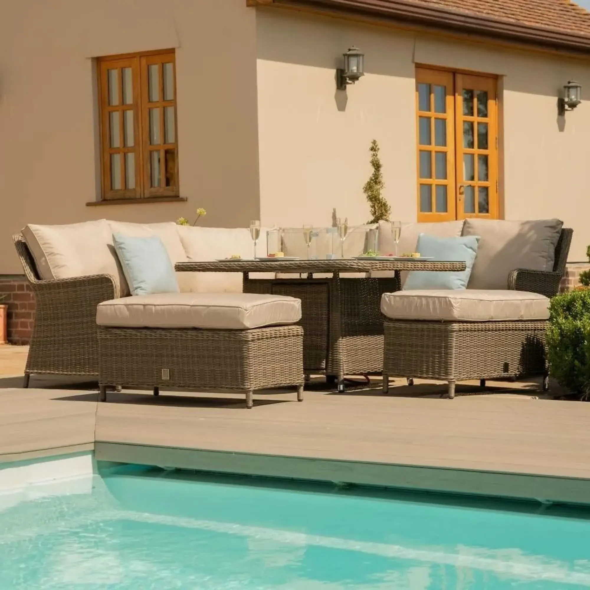 Winchester Corner Dining Sofa Set with Fire Pit Table - Natural, Rattan