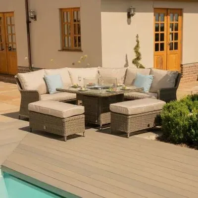 Winchester Corner Dining Sofa Set with Fire Pit Table - Natural, Rattan