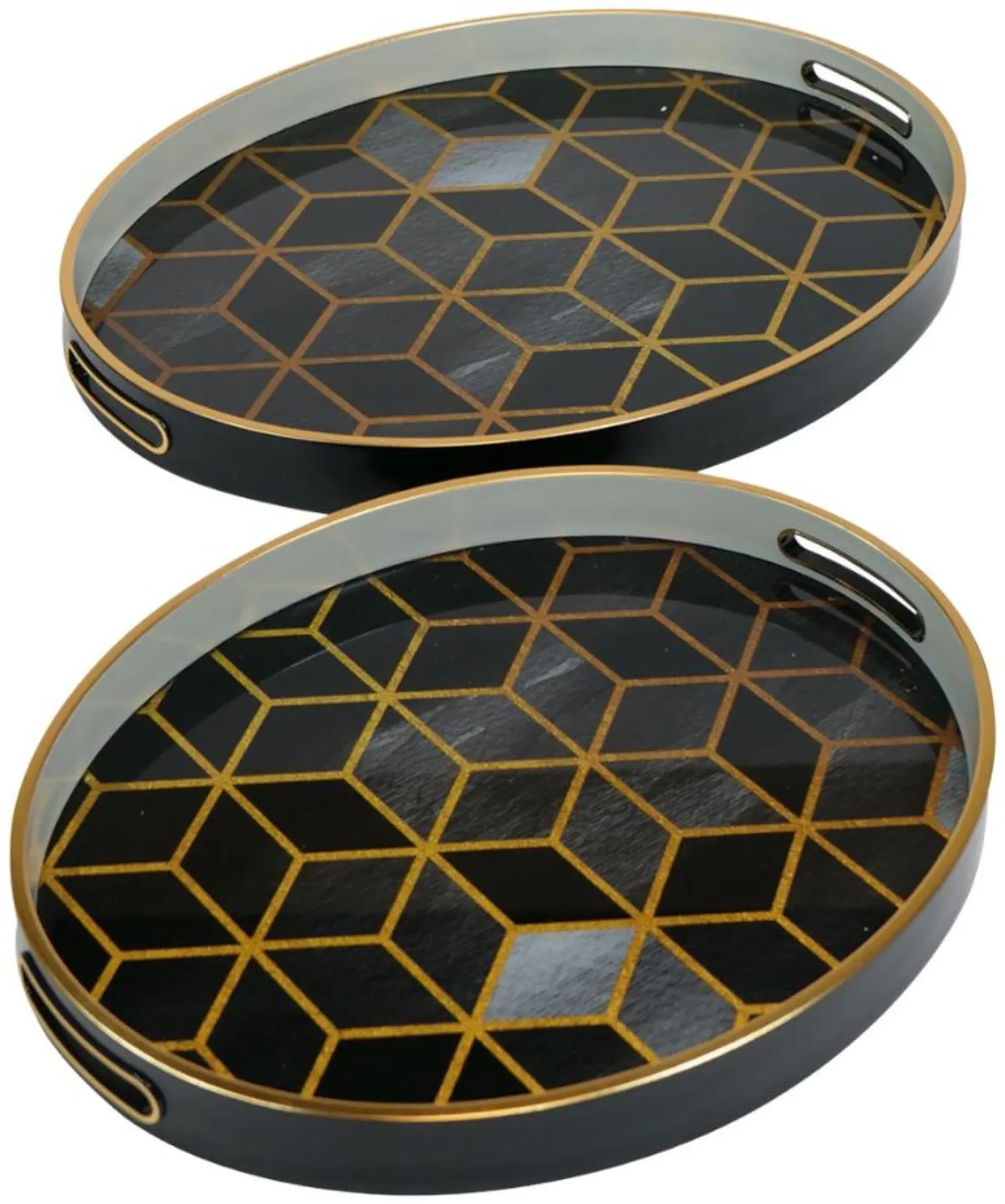 Midnight Blue and Gold Metal Geometric Trays Set of 2